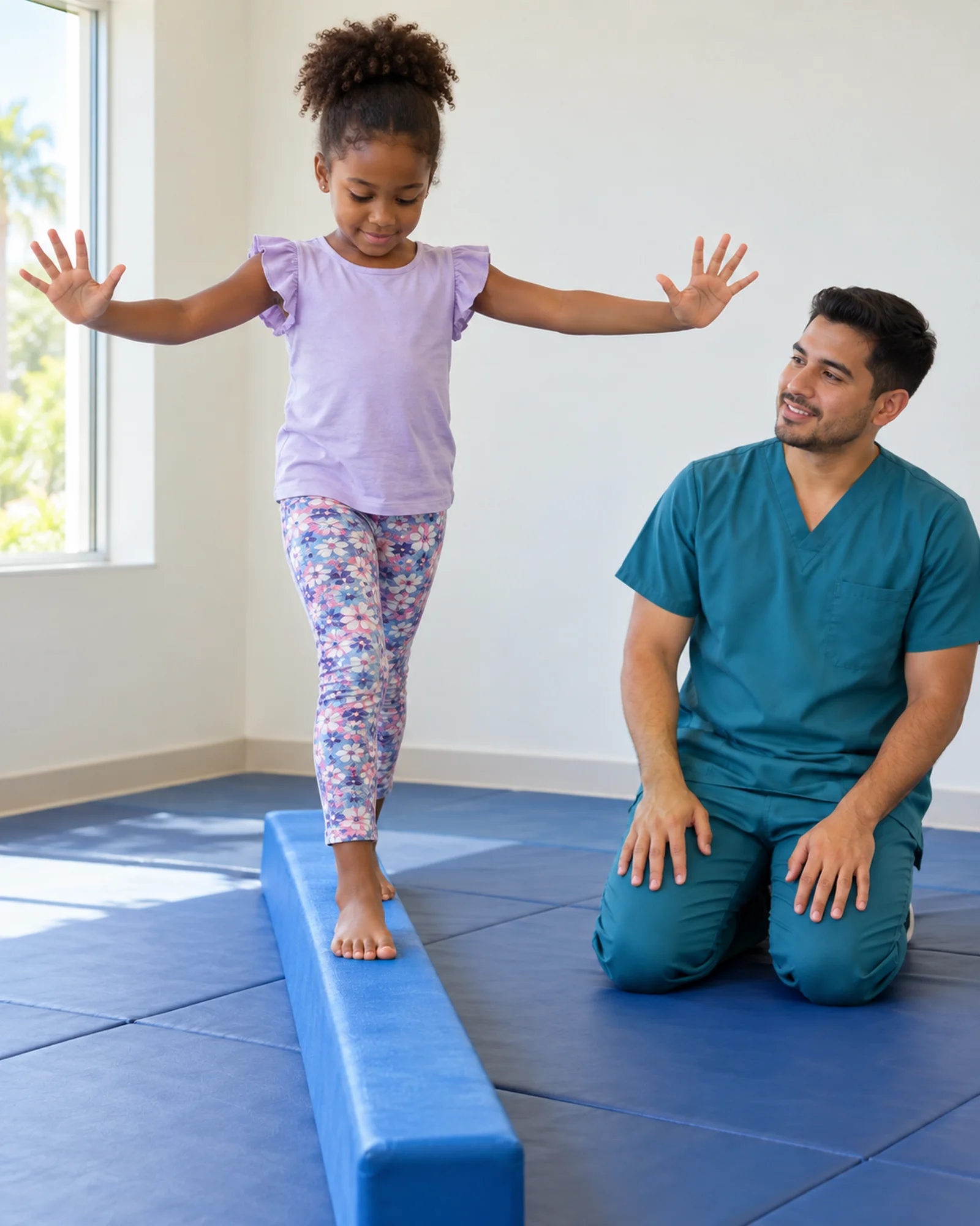 A child walks along a low balance beam while a therapist in teal scrubs kneels nearby.