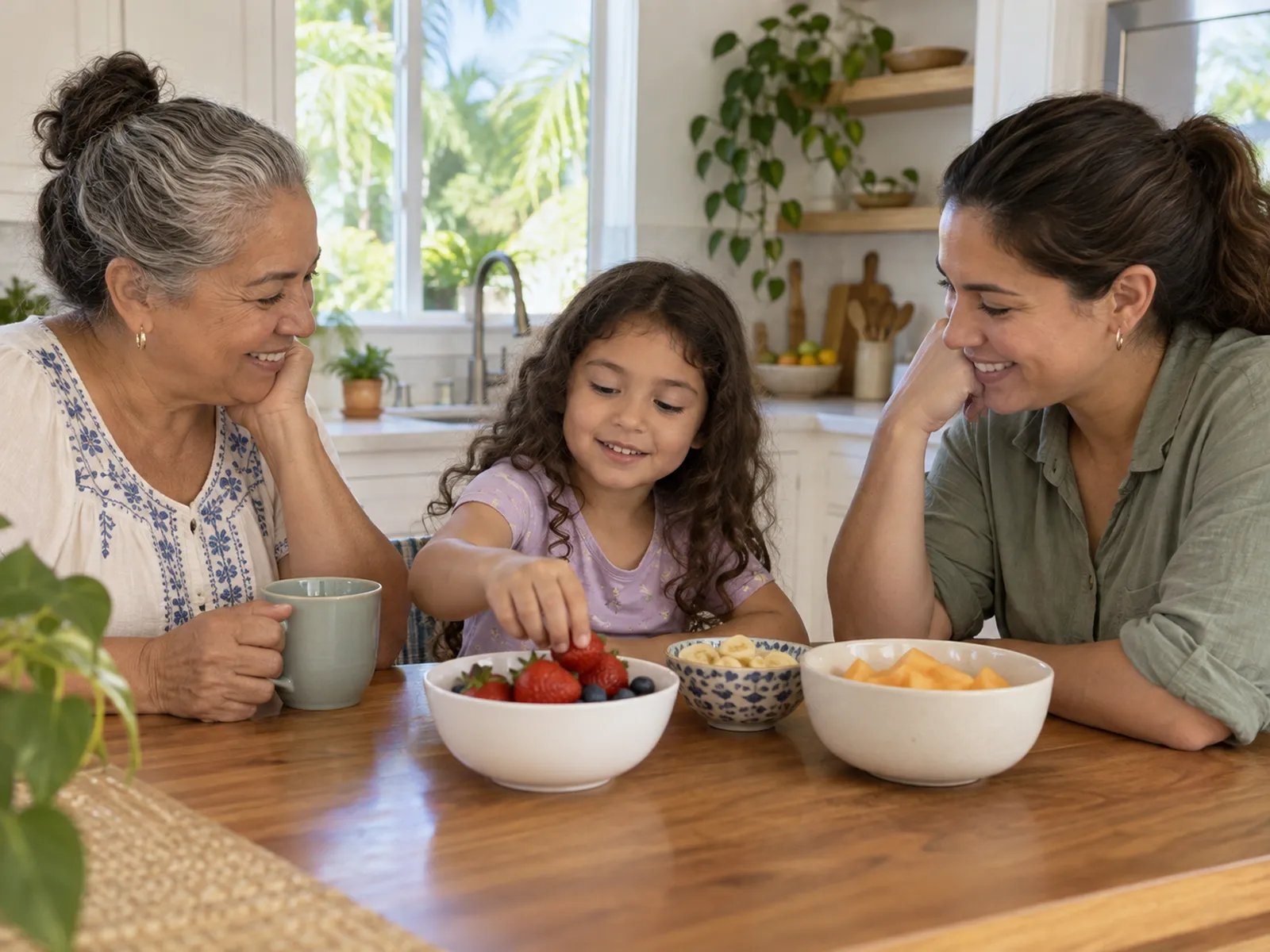 Tres generaciones de una familia comparten una merienda en una mesa de cocina.