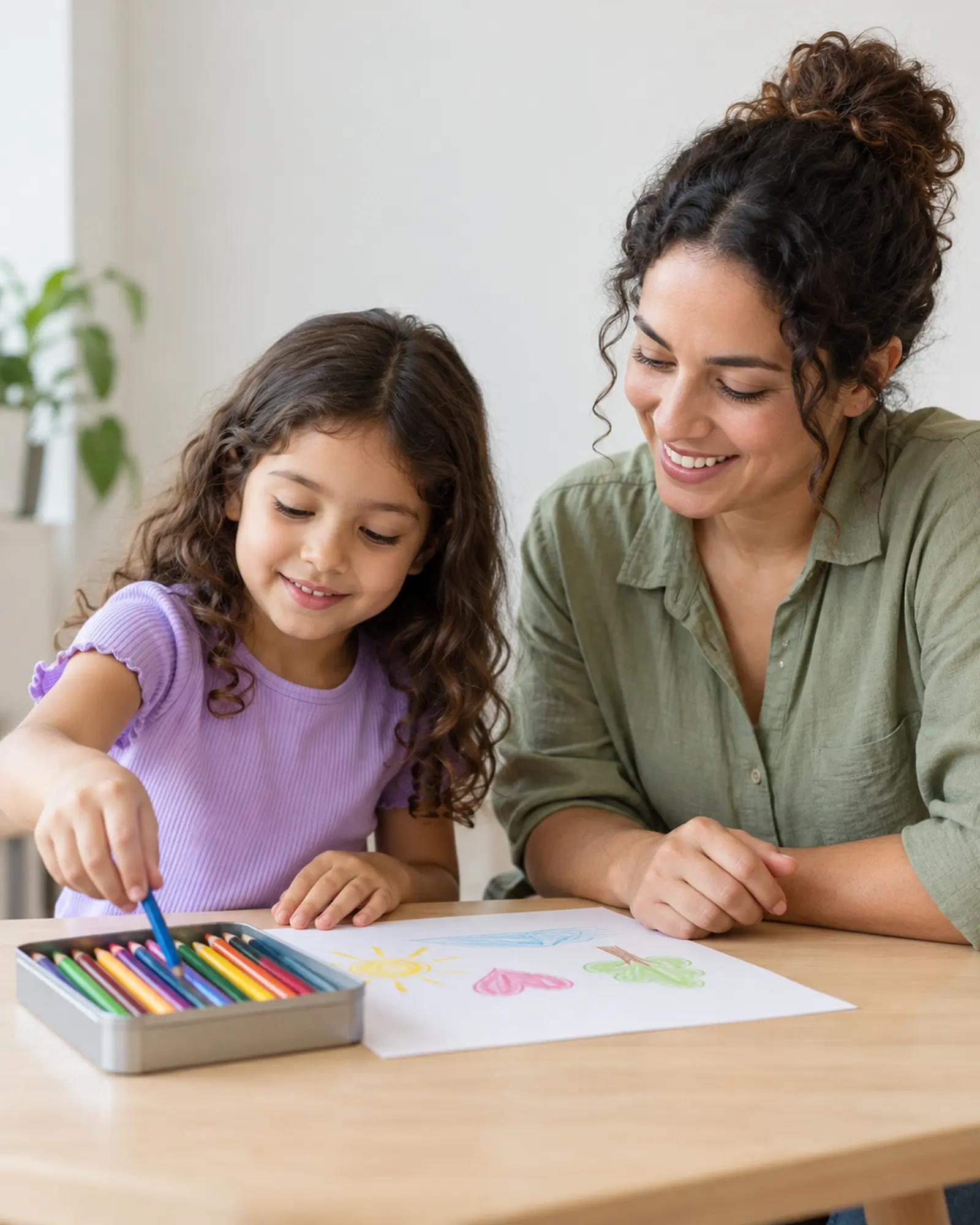 Un niño elige un lápiz de color para dibujar mientras un adulto se sienta a su lado, a la misma altura, sonriendo.