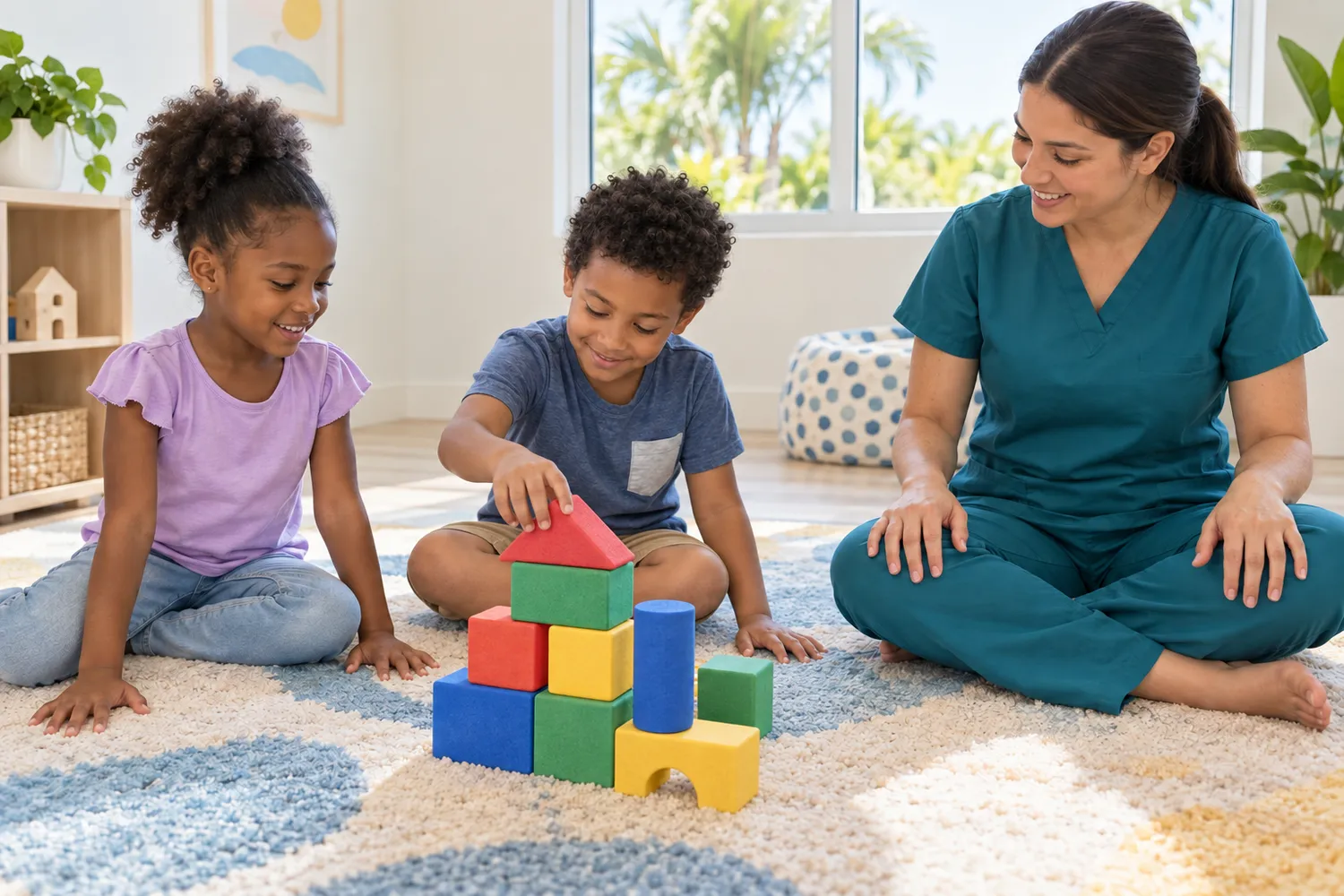 El mismo niño de cabello rizado que aparece en casa construye con bloques de colores junto a una niña mientras una terapeuta con uniforme verde azulado se sienta cerca.