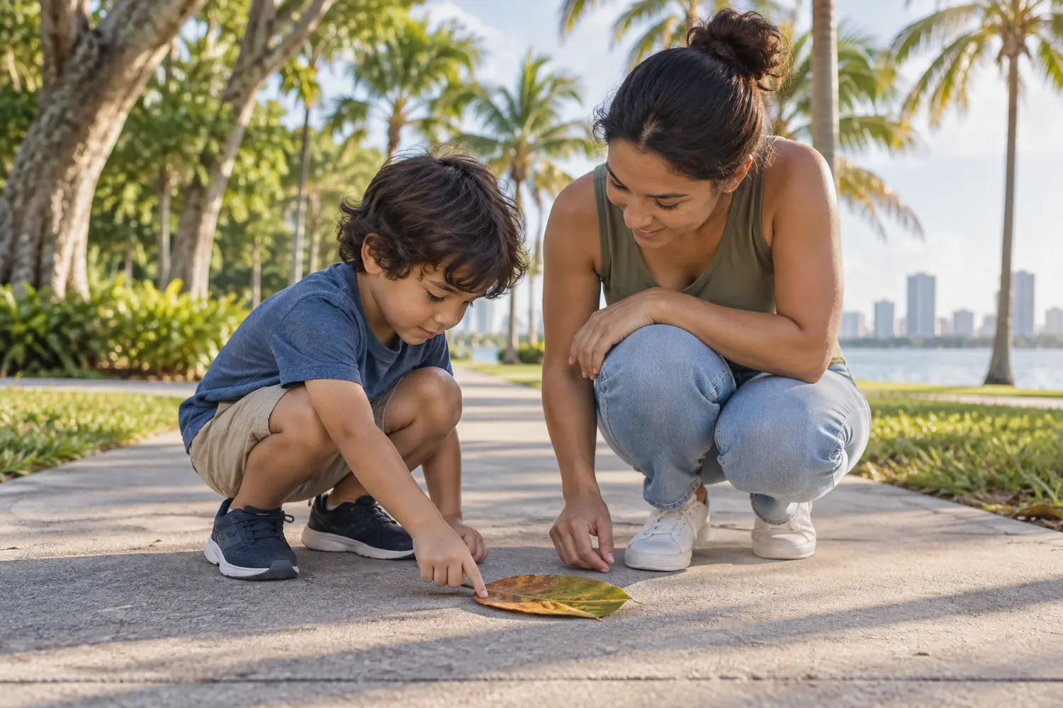 Un adulto y un niño se agachan a mirar una hoja en un parque soleado.