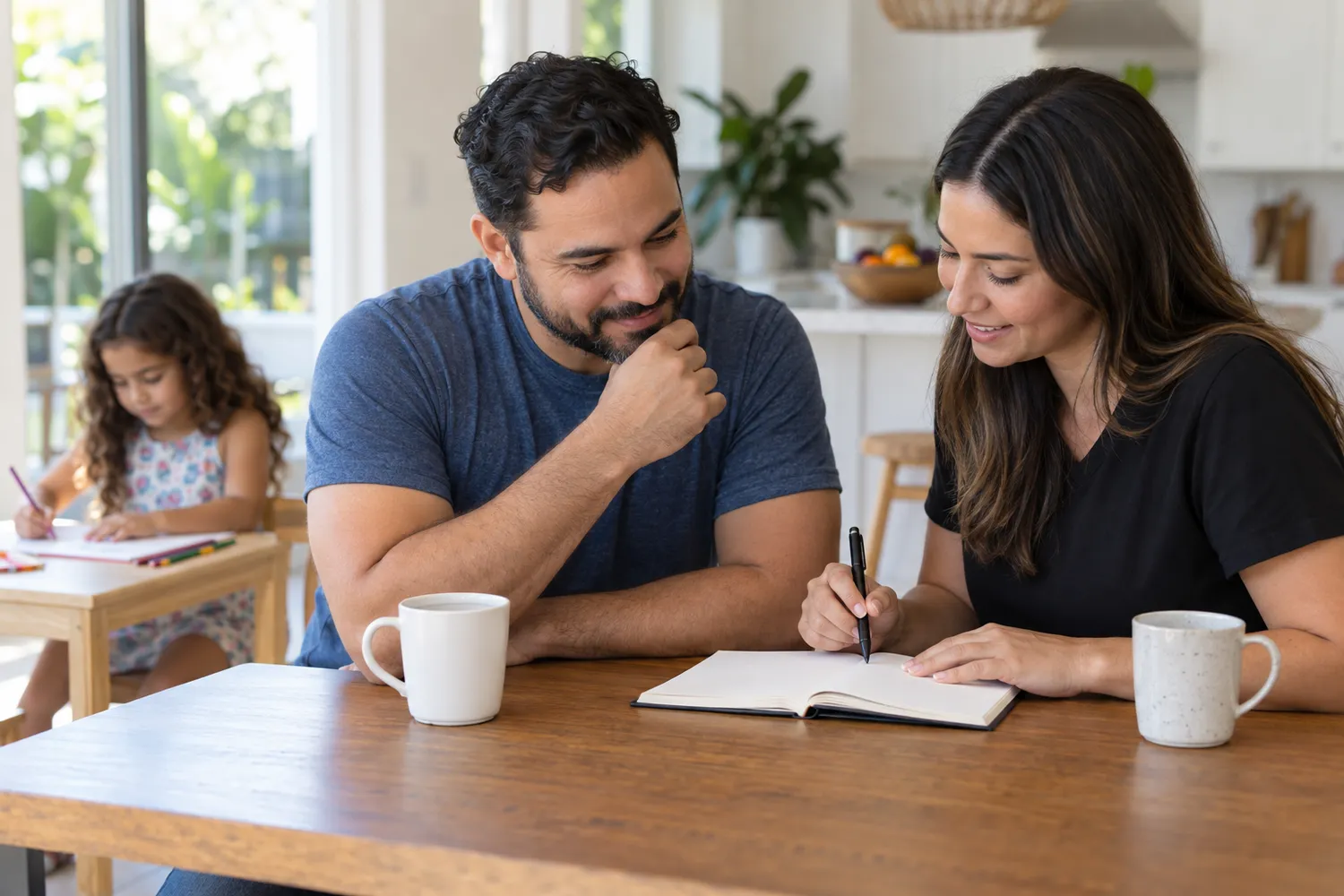 Un padre y una terapeuta conversan en una mesa con un cuaderno mientras un niño dibuja cerca.